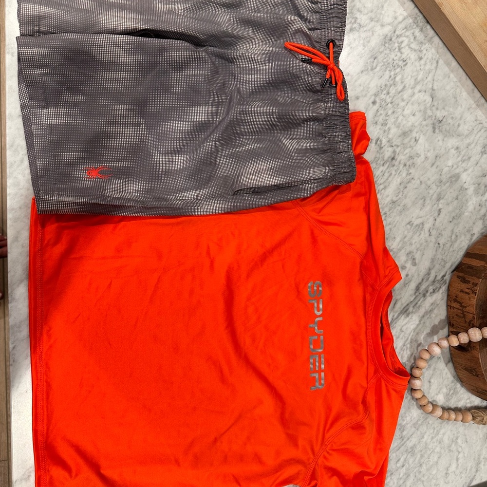 Spyder boys Orange and Gray bathing suit and rash guard